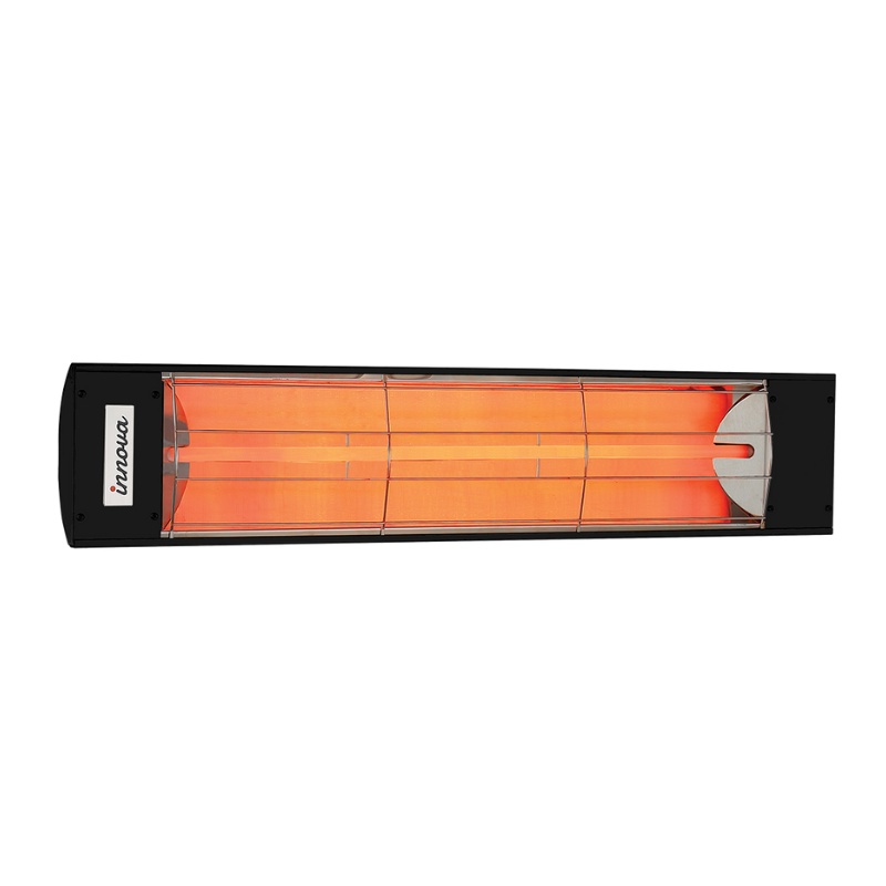 Infrared patio heater with orange heating elements, designed for outdoor use, providing efficient warmth and comfort.