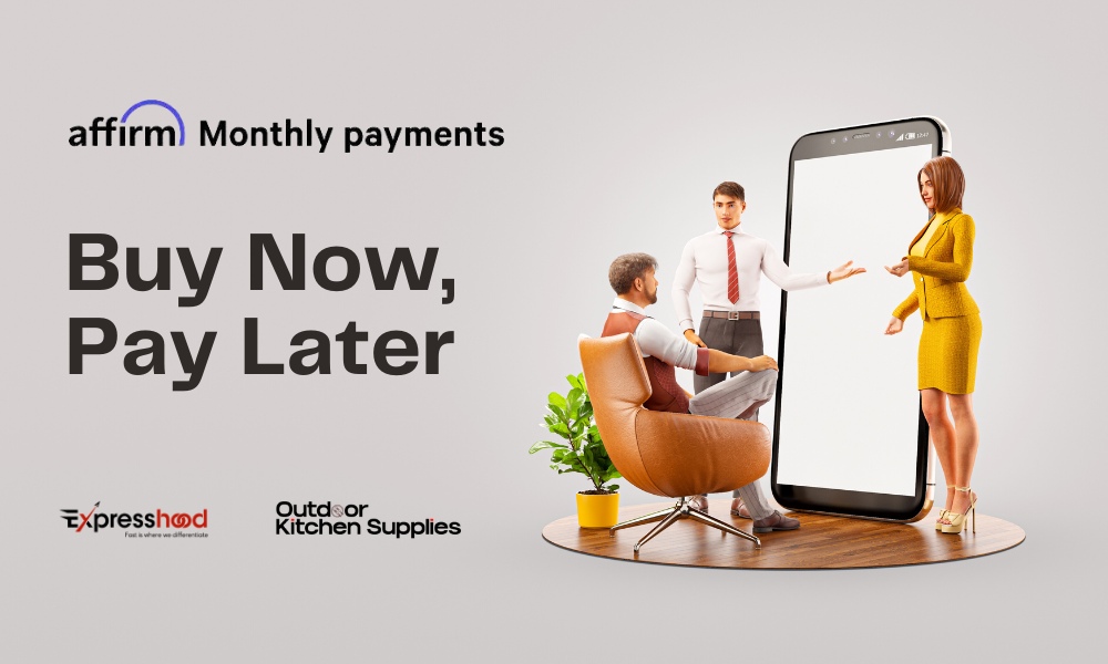 Affirm monthly payment promotion featuring a man and woman discussing buy now, pay later options, with a large smartphone display. Logos of Expresshood and Outdoor Kitchen Supplies included.