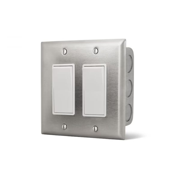 Brushed stainless steel double light switch with white toggle buttons.