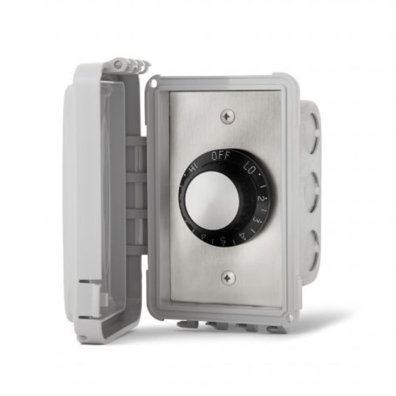Stainless steel temperature control switch in a gray weatherproof enclosure, featuring an adjustable dial with settings from off to high.