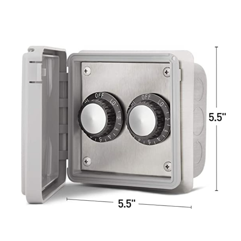 Stainless steel outdoor electrical control box with two dials labeled OFF and LO, measuring 5.5 inches by 5.5 inches.
