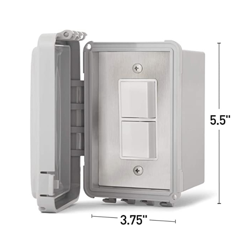 Outdoor electrical switch box with two switches, dimensions 5.5 inches by 3.75 inches, featuring a weatherproof design.