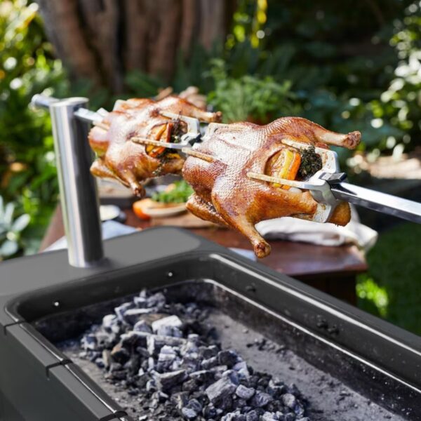 Spit-roasting two whole ducks on a charcoal grill in a lush outdoor setting, showcasing a rotisserie setup with vibrant greenery in the background.