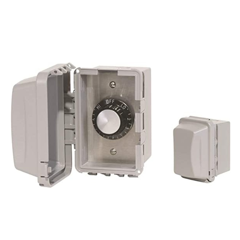 Outdoor electrical timer switch with a gray casing and adjustable dial for setting on/off times.