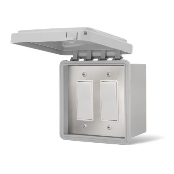 Weatherproof electrical switch box with two switches and a hinged lid, designed for outdoor use.