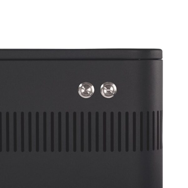 Close-up of a black electronic device showing two silver buttons and ventilation slits, designed for optimal airflow and functionality.