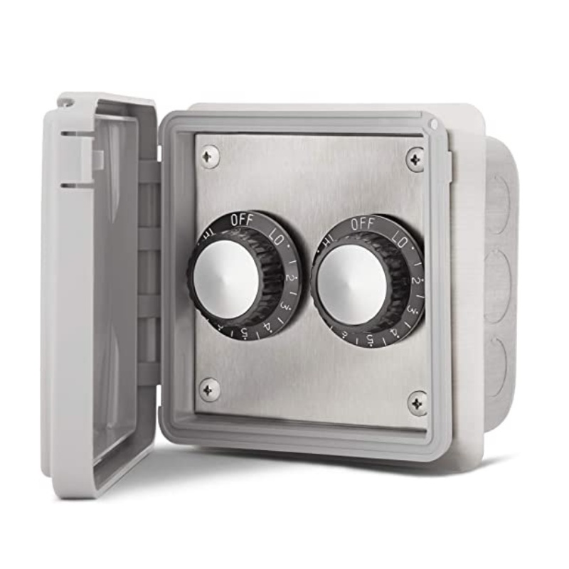 Stainless steel outdoor controller with dual knobs for temperature settings, featuring an off position and adjustable ranges from low to high.