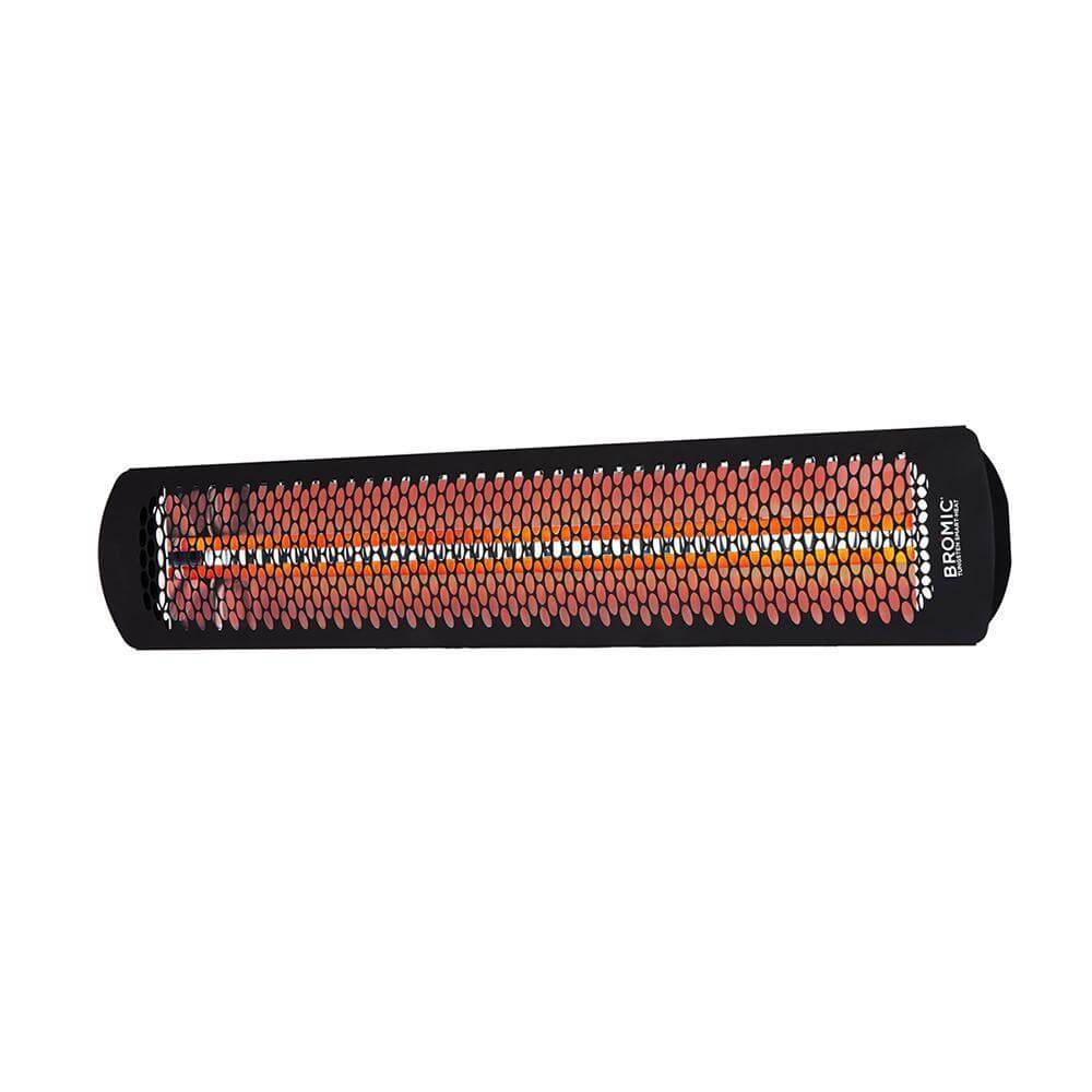 Bromic outdoor infrared heater with a sleek black design and glowing heating element, ideal for patios and outdoor spaces.