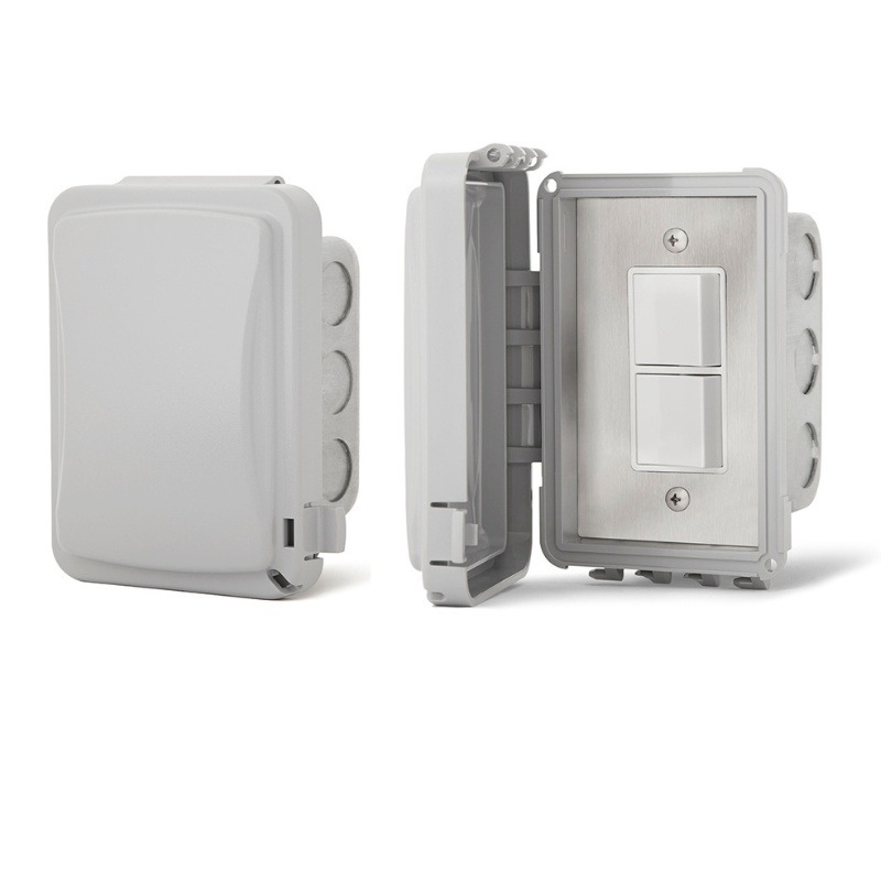 Weatherproof electrical switch box with dual switches, shown in open and closed positions, designed for outdoor use.