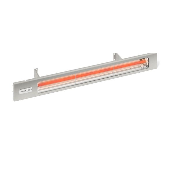 Infrared heating lamp by Infratech, designed for outdoor spaces, featuring a sleek silver design and warm glowing elements for efficient heating.