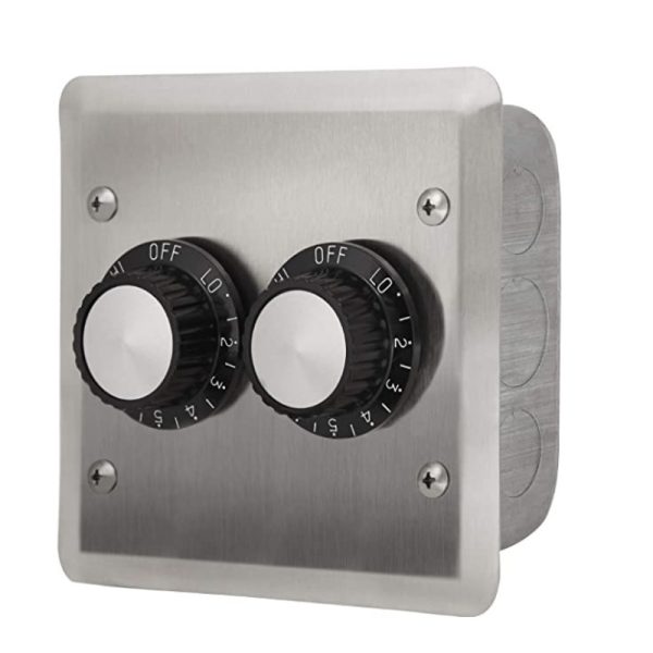 Stainless steel dual rotary control panel with two black knobs for adjustable settings, labeled OFF and LO to 4. Ideal for industrial or commercial applications.