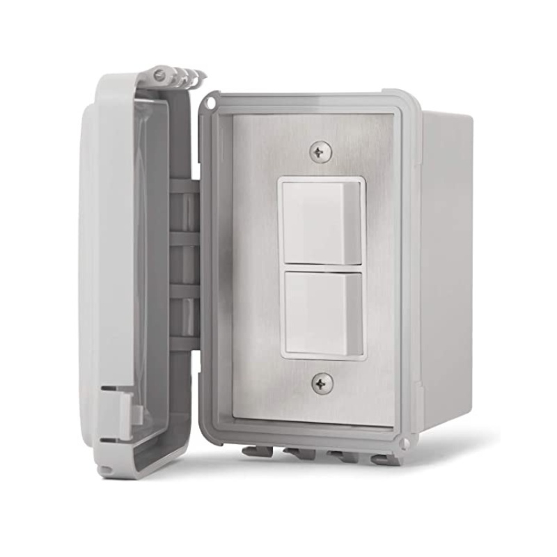 Weatherproof electrical switch box with two toggle switches, designed for outdoor use.