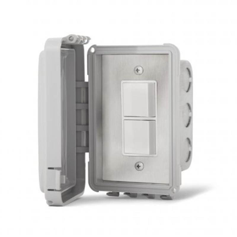 Dual switch electrical box with a stainless steel finish and protective cover, designed for outdoor use.
