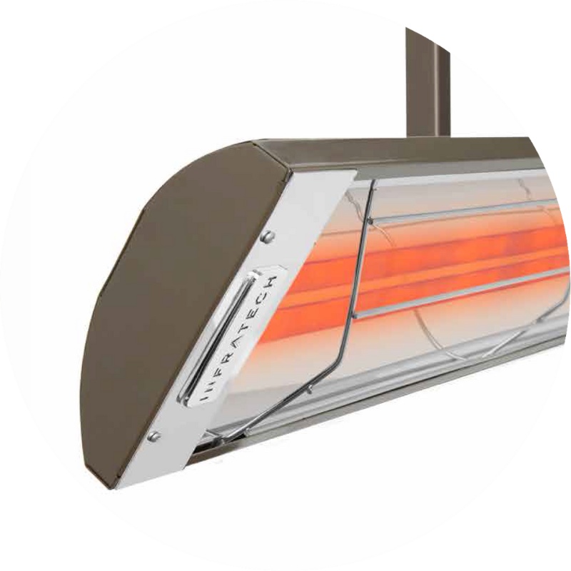 Infrared heater from Infratech featuring a sleek design with a reflective housing and glowing heating element, ideal for outdoor use.