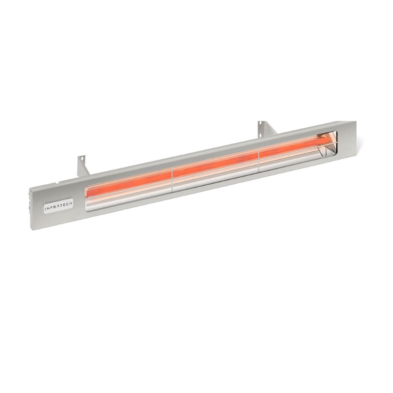 Infrared heater with a sleek design, featuring a long silver body and visible orange heating elements, ideal for outdoor and indoor heating solutions.