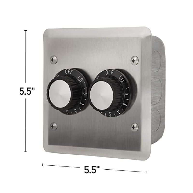 Stainless steel dual knob control panel measuring 5.5 inches by 5.5 inches, featuring adjustable settings for precise operation.