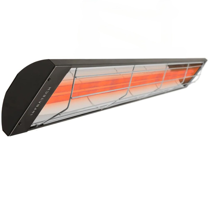 Infrared electric heater with a sleek black design and visible heating elements, ideal for outdoor and indoor heating solutions.