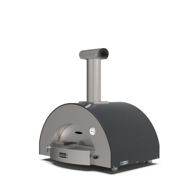 Alfa outdoor pizza oven with a sleek design, featuring a chimney and temperature gauge for efficient cooking. Ideal for backyard gatherings and pizza lovers.