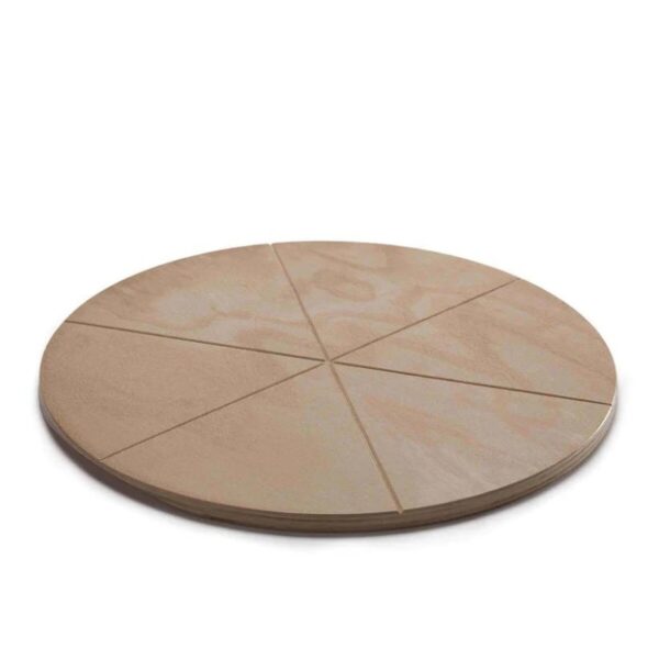 Wooden round pizza board divided into eight equal slices, ideal for serving pizza or pastries.