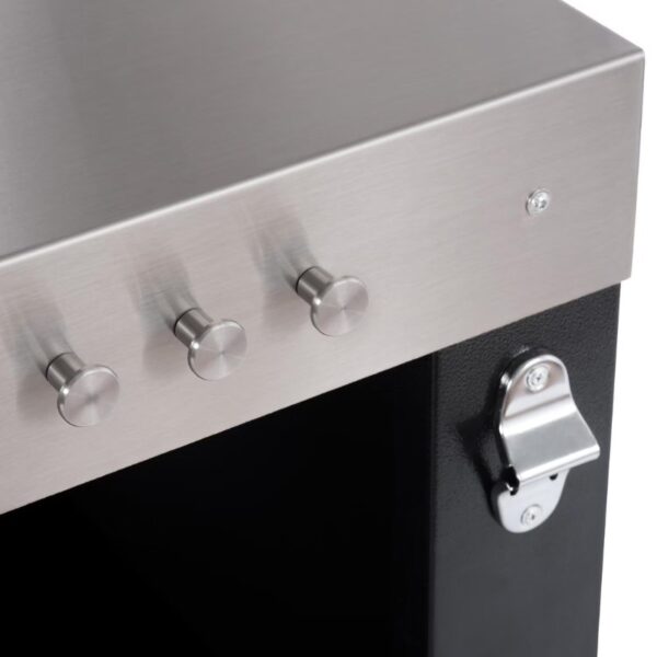 Stainless steel control panel with knobs and lock on a black appliance.