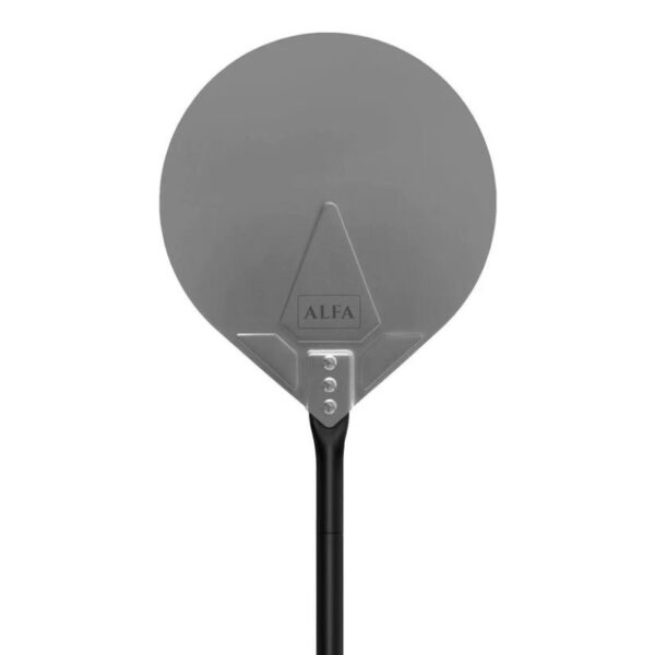 Alfa pizza peel with a round aluminum blade and a black handle, ideal for transferring pizzas to and from ovens.