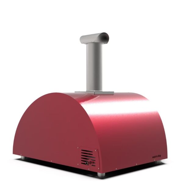 Red pizza oven with a stainless steel chimney, designed for outdoor cooking, showcasing Italian craftsmanship.