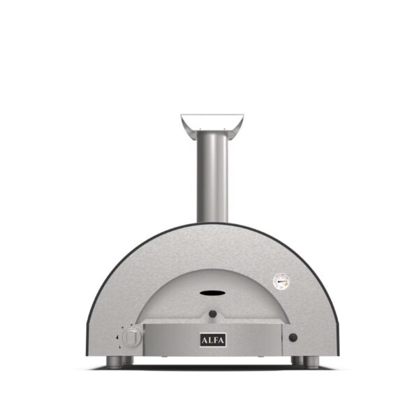 Stainless steel outdoor pizza oven from Alfa with a sleek curved design and chimney for efficient smoke ventilation. Perfect for making authentic wood-fired pizzas.