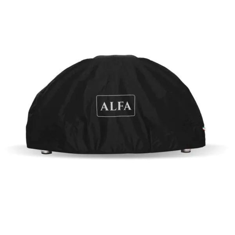 Black protective cover for Alfa outdoor pizza oven, designed for durability and weather resistance.
