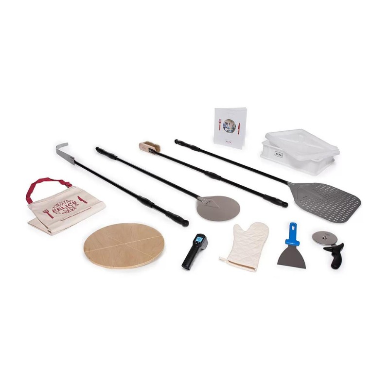 25ebeb46-321b-46d9-964f-626fda4714d4.jpg Pizza-making tool set including peels, a pizza cutter, an oven mitt, a thermometer, a cleaning brush, and a carrying bag, ideal for home chefs.