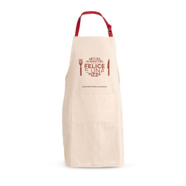 Beige kitchen apron with red text and utensils graphic, featuring playful Italian phrases about happiness and pizza. Perfect for cooking enthusiasts and pizza lovers.