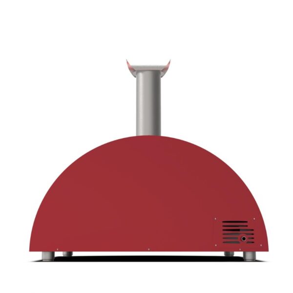 Red outdoor pizza oven with a sleek dome design and chimney, ideal for backyard cooking.