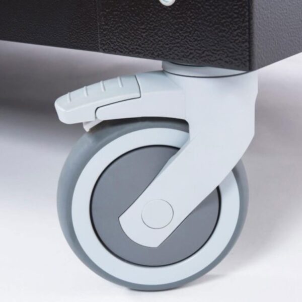 Close-up of a gray swivel caster wheel attached to a piece of furniture, showcasing its locking mechanism and durable design for easy mobility.