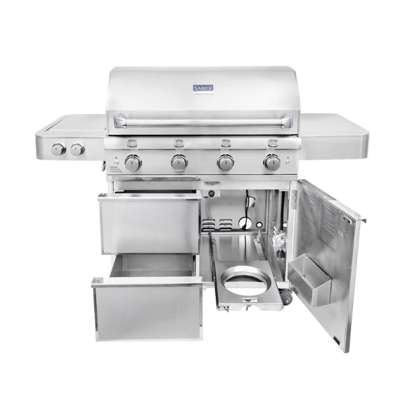 Stainless steel outdoor grill with multiple burners and storage drawers, ideal for barbecuing and outdoor cooking.