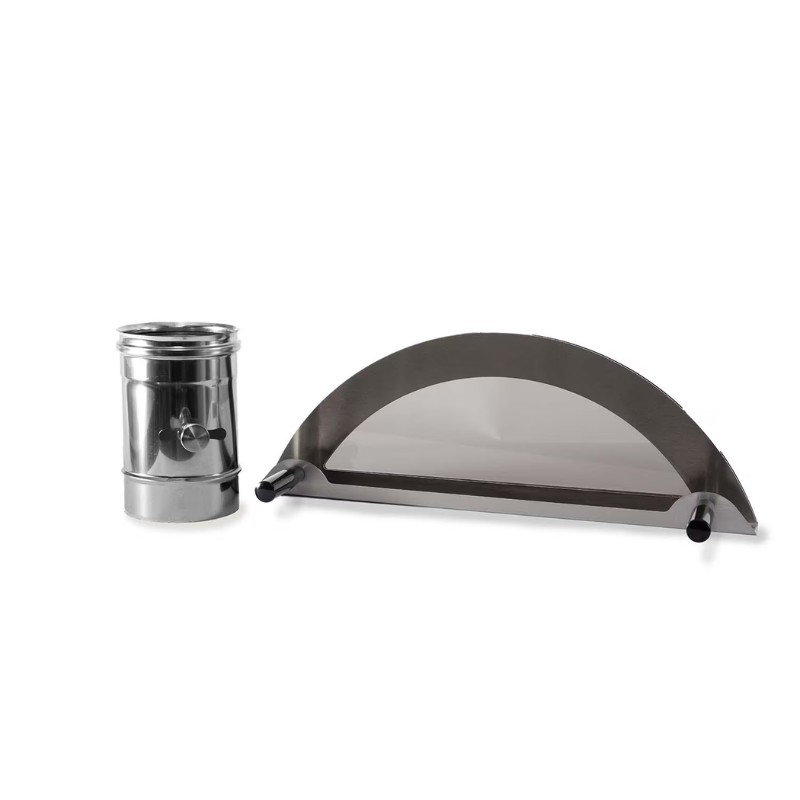 Stainless steel kitchen tool set including a curved food cover and a cylindrical container for food storage.