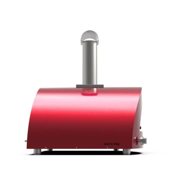 Red pizza oven with a stainless steel chimney, designed for outdoor cooking, made in Italy.