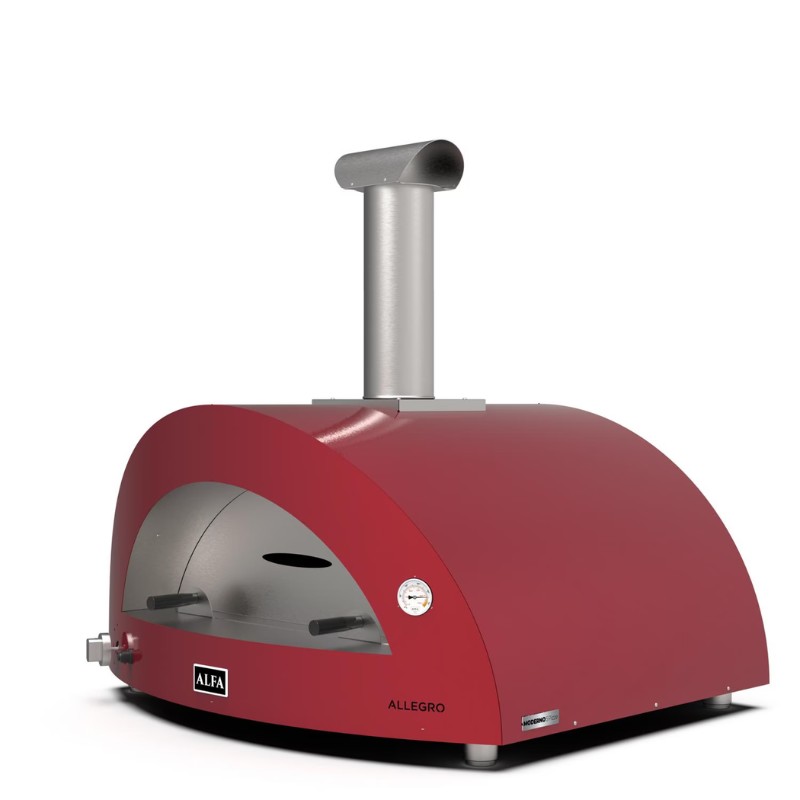 Alfa Allegro outdoor pizza oven in red with a stainless steel chimney, designed for high-temperature cooking and pizza making.