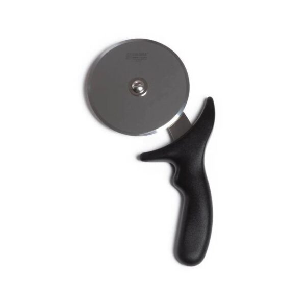 Stainless steel pizza cutter with a black ergonomic handle for easy slicing of pizza and pastries.