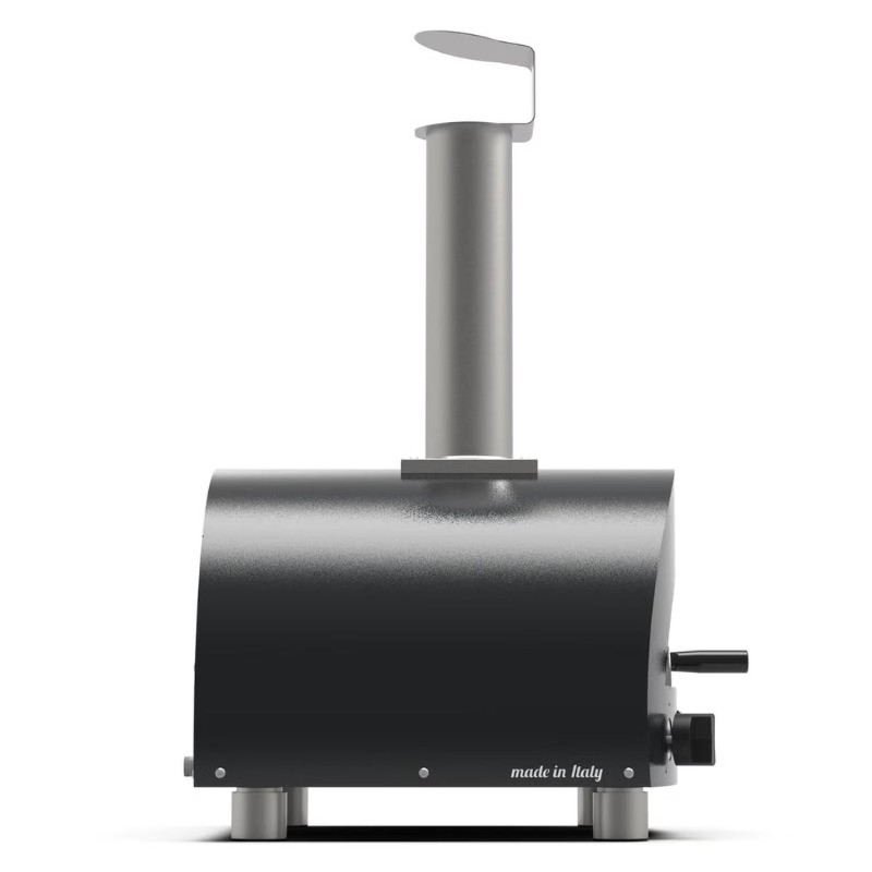 Portable Italian pizza oven with a sleek design, featuring a chimney and control knobs for temperature adjustment. Ideal for outdoor cooking and pizza enthusiasts.
