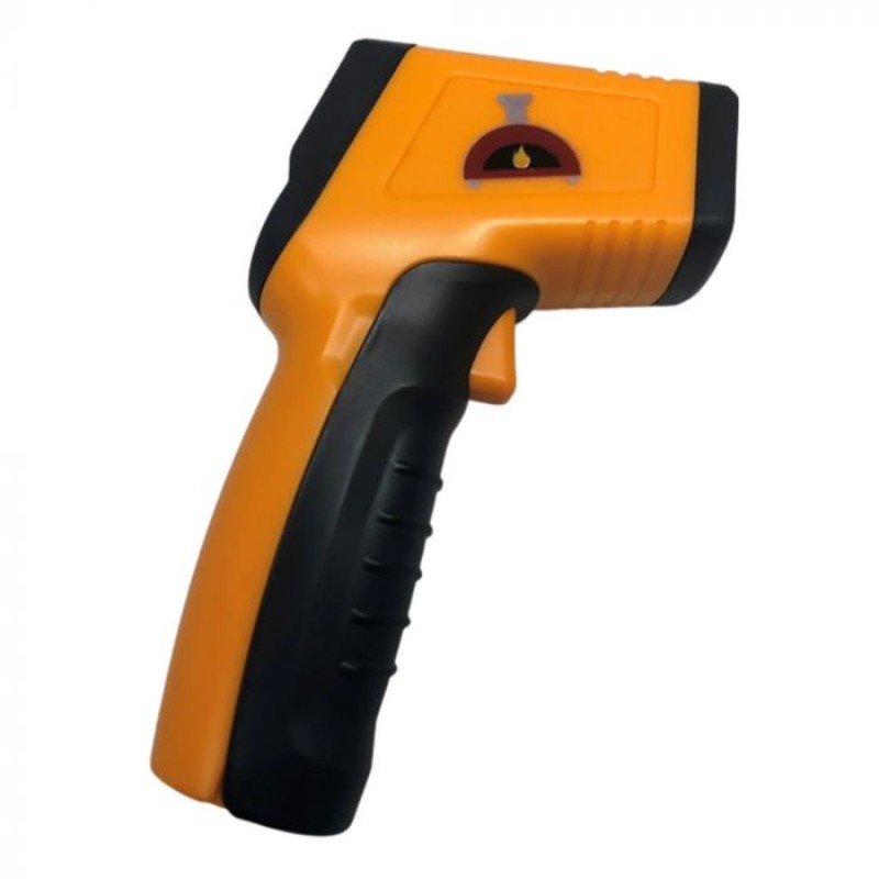 Infrared temperature gun with an orange body and black grip for measuring surface temperatures quickly and accurately. Ideal for industrial and home use.