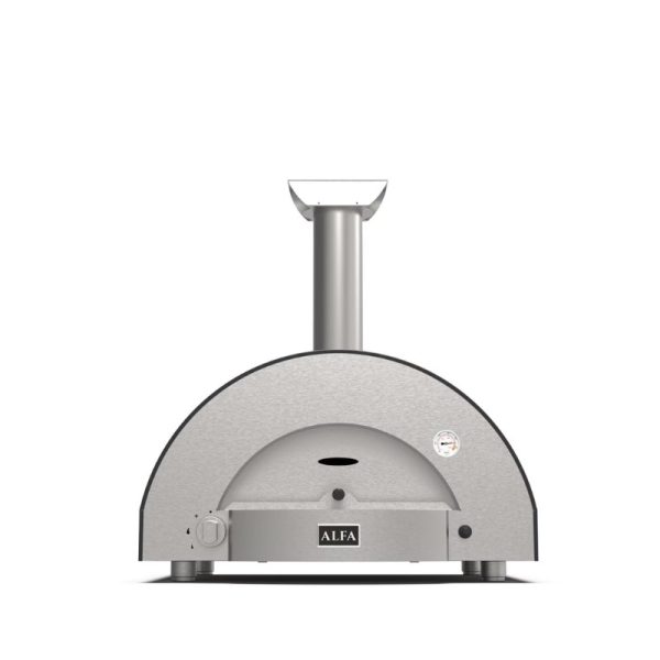 Alfa pizza oven with a stainless steel design, featuring a chimney and front control panel. Ideal for outdoor cooking and wood-fired pizza preparation.