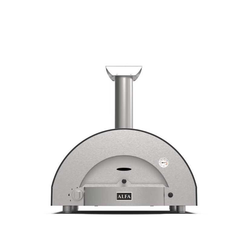 Alfa pizza oven with a stainless steel design, featuring a chimney and front control panel. Ideal for outdoor cooking and wood-fired pizza preparation.