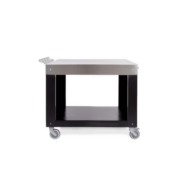 Stainless steel kitchen cart with black frame and wheels, featuring a spacious top and lower shelf for storage and mobility.