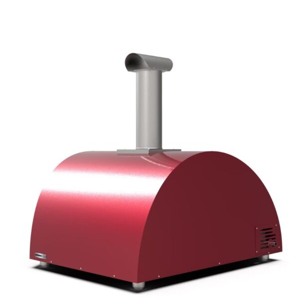 Outdoor pizza oven with a sleek red design and stainless steel chimney, ideal for home cooking.