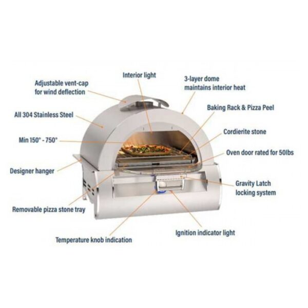 Stainless steel outdoor pizza oven with adjustable vent, interior light, and a 3-layer dome for heat retention. Features include a baking rack, cordierite stone, removable pizza stone tray, and a gravity latch locking system. Temperature range from 150°F to 750°F.