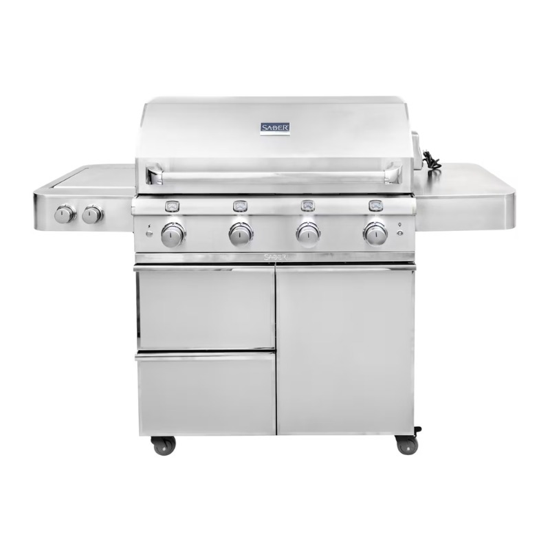 Stainless steel outdoor gas grill with four burners, side shelves, and storage cabinets, ideal for backyard barbecues and cooking.