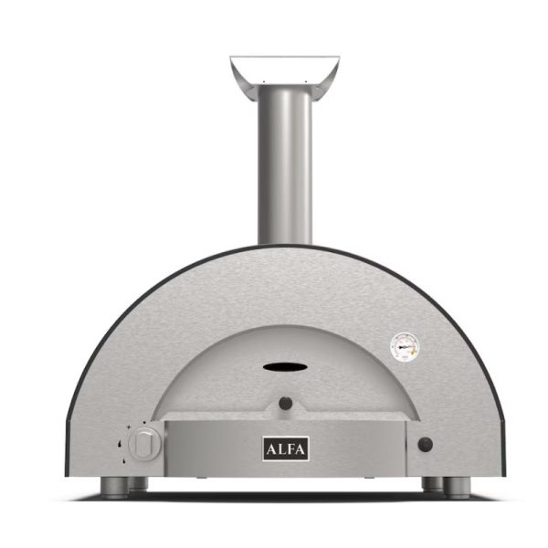 Stainless steel pizza oven with a chimney and front control panel, designed for outdoor cooking. Ideal for making authentic wood-fired pizzas.