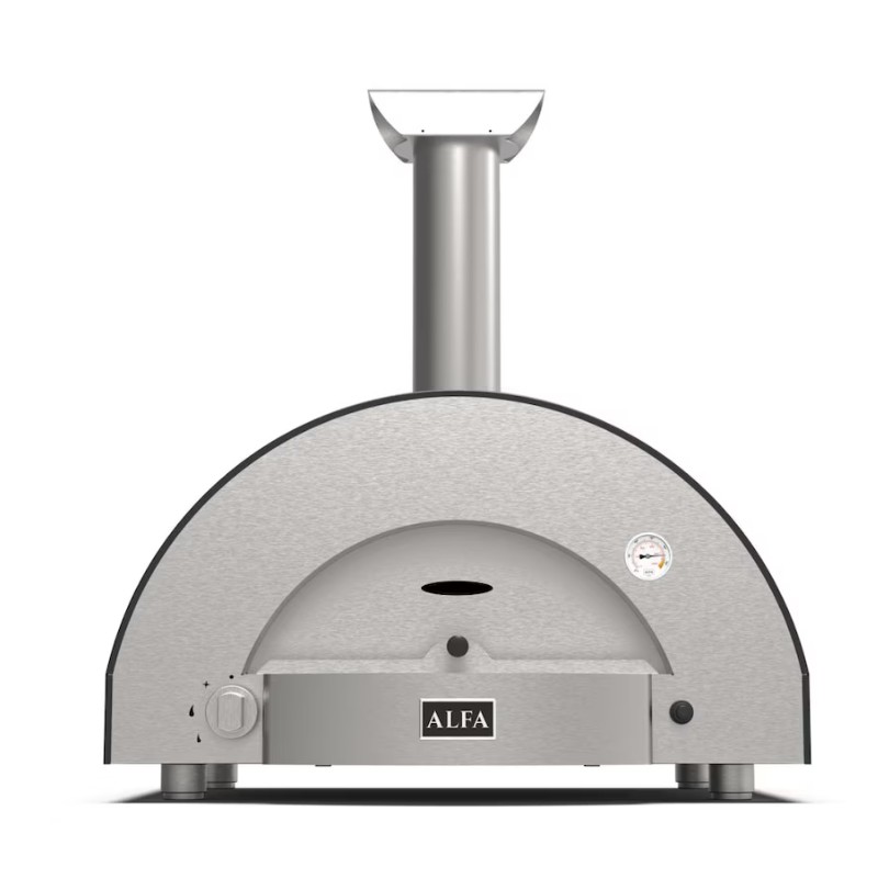 Stainless steel pizza oven with a chimney and front control panel, designed for outdoor cooking. Ideal for making authentic wood-fired pizzas.
