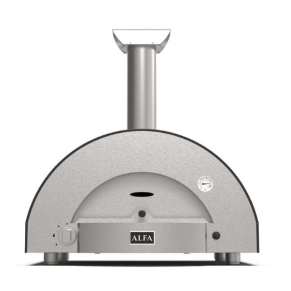Stainless steel pizza oven with a rounded design and chimney, featuring a temperature gauge and control knob for outdoor cooking.