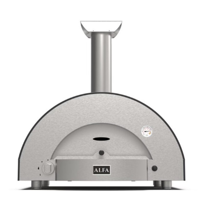 Stainless steel pizza oven with a rounded design and chimney, featuring a temperature gauge and control knob for outdoor cooking.