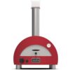 Red Alfa pizza oven with stainless steel chimney and temperature gauge, designed for outdoor cooking.